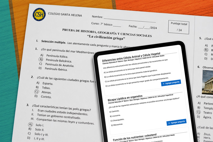 Imagen de evaluación impresa en papel y pantalla de tablet con herramienta digital desplegada.igital