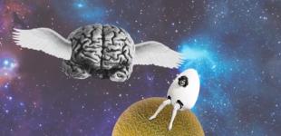 Ilustración que muestra a un cerebro con alas volando en el espacio. 