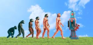 Ilustración que muestra la evolución del hombre desde el mono hasta un robot. 