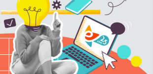 Mujer con cabeza de ampolleta frente a un notebook con logo educarchile