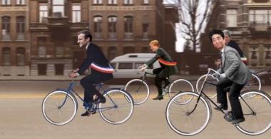 Imagen que muestra a los presidentes de Francia, China y Alemania en bicicleta.