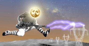 Imagen de un cuerpo con cabeza de sol que toca una guitarra eléctrica. La guitarra emite energía a una torre eléctrica.