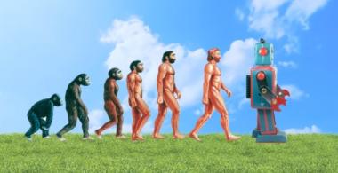 Ilustración que muestra la evolución del hombre desde el mono hasta un robot. 