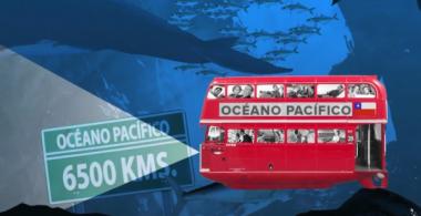 Imagen de un submarino que tiene personas dentro observando el mar. Hay un letrero que indica que el oceáno pacífico en Chile son 6.500 km. 