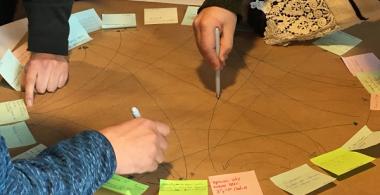 Personas creando un proyecto sobre un papelógrafo