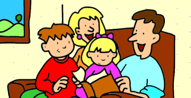 Padres leyendo a hijo e hija