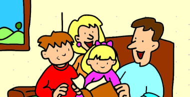 Padres leyendo a hijo e hija