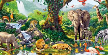 paisaje natural con elefante, león, jirafa, en un lago, entre otros