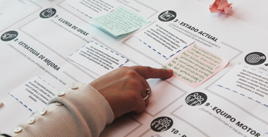 Imagen de la mano de una persona apuntando un papelógrafo