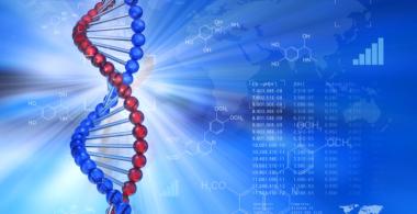 La imagen muestra las cadenas de ADN en un fondo azul 