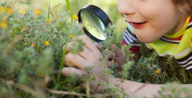 La imagen muestra a un niño recostado en el pasto mirando flores con una lupa