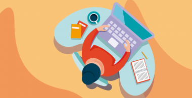 Ilustración de profesora frente a un computador estudiando y trabajando