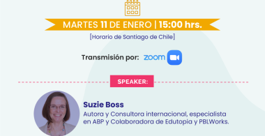 Afiche de charla a un clic en verano con la expositora Suzie Boss
