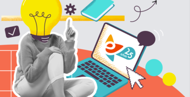 Mujer con cabeza de ampolleta frente a un notebook con logo educarchile